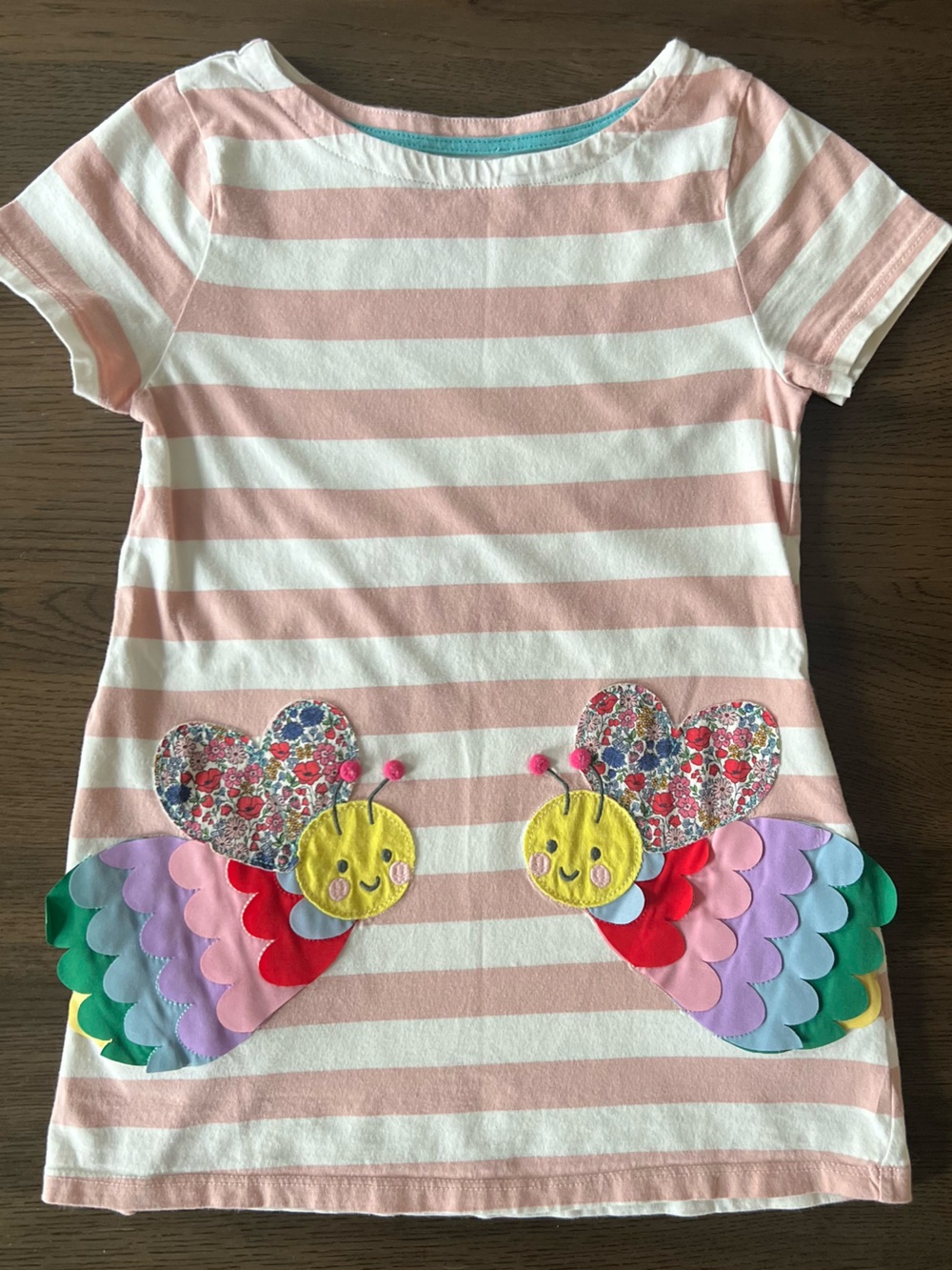 Mini Boden Pink & White Striped Tee with Colorful Butterfly Appliques